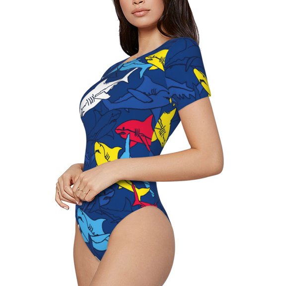 Rateoe Cartoon Shark Printed Women Rash Guard Short Sleeve,Tummy control Swimsuit Surfing Swimsuit Bathing Suit Short-sleeved Onesie UPF 50+