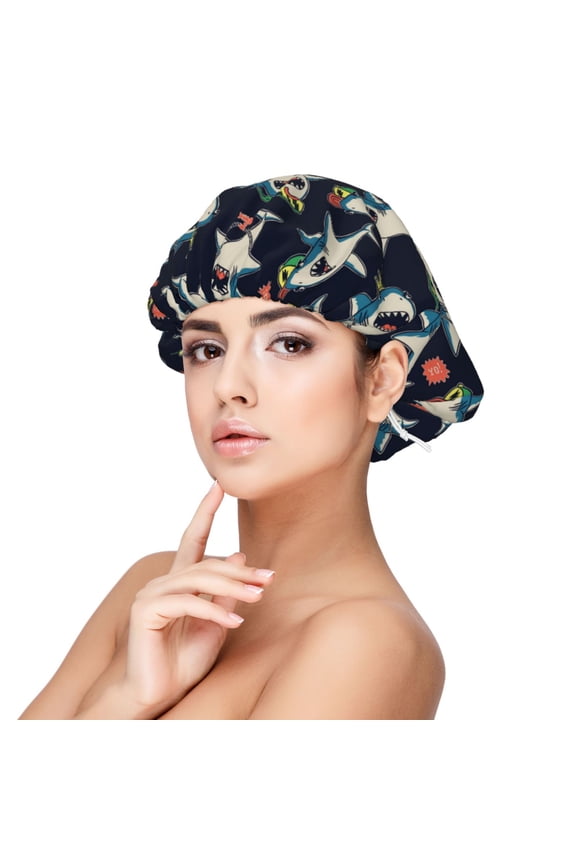 Cartoon Sharks Pattern Silk Satin Hair Bonnet for Sleeping, Adjustable Sleep Cap Turban for Women , Curly Straight Hair Long Large Braid