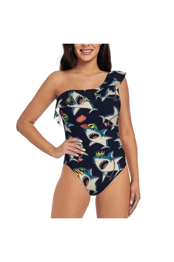 Cartoon Sharks Pattern Women One Piece Swimsuits Tummy Control One Shoulder Bathing Suits Ruffle Swimwear-