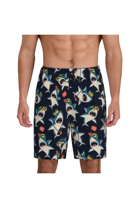 Cartoon Sharks Print Men's Lounge Shorts – Soft & Breathable Pajama Bottoms with Pockets, Elastic Waistband, Lightweight Sleepwear for Nightwear & Loungewear-Large