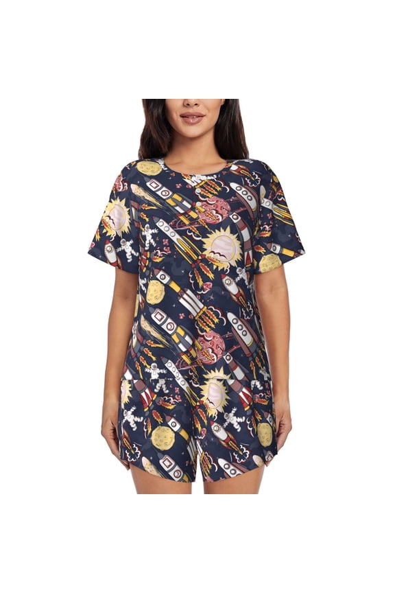 Cartoon Space 1 Pattern Women's Short-Sleeved Pajama Set - 2 Piece Soft and Lightweight Sleepwear Set-