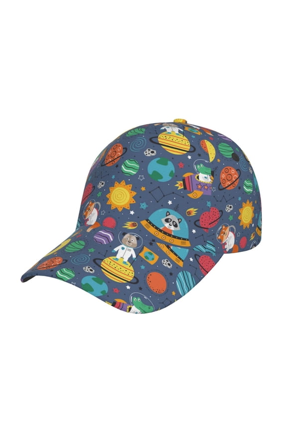 Cartoon Space Pattern Mens Baseball Cap Adjustable Curved Brim Hat, Soft Cotton Sports Cap for Outdoor, Casual, and Everyday Wear, Comfortable & Breathable