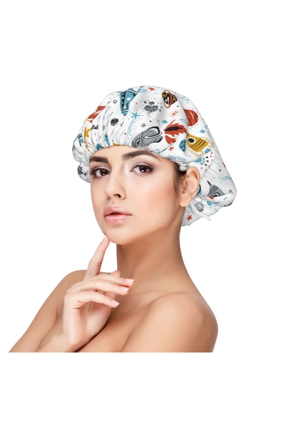 Cartoon Space Pattern Silk Satin Hair Bonnet for Sleeping, Adjustable Sleep Cap Turban for Women , Curly Straight Hair Long Large Braid