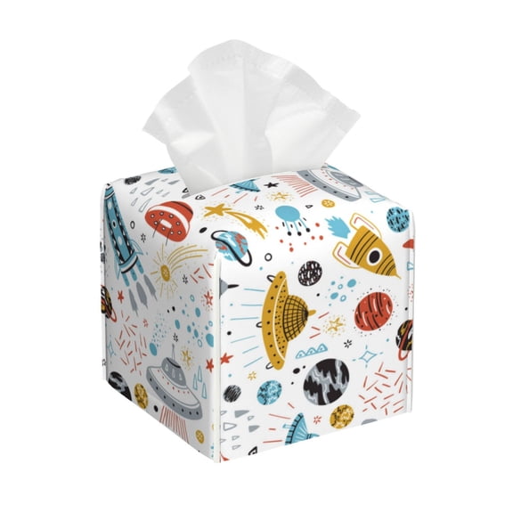 Rateoe Cartoon Space Pattern Tissue Box Cover, Modern Square Decorative Leather Facial Paper Case Organizer Holder Dispenser 5X5X5''