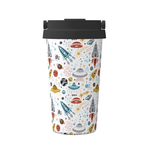 Rateoe Cartoon Space Pattern Travel Coffee Mug Tumbler with Flip Lid | Reusable Insulated Stainless Steel Cold Brew Iced Coffee Cup Thermos