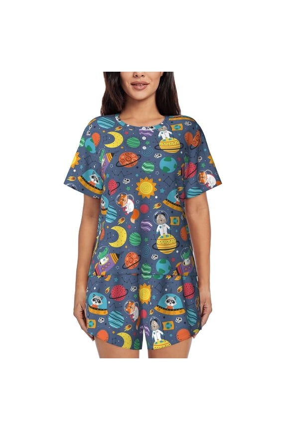 Cartoon Space Pattern Women's Short-Sleeved Pajama Set - 2 Piece Soft and Lightweight Sleepwear Set-Large