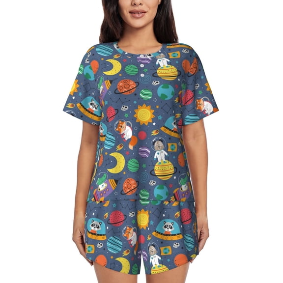 Rateoe Cartoon Space Pattern Women's Short-Sleeved Pajama Set - 2 Piece Soft and Lightweight Sleepwear Set-Medium