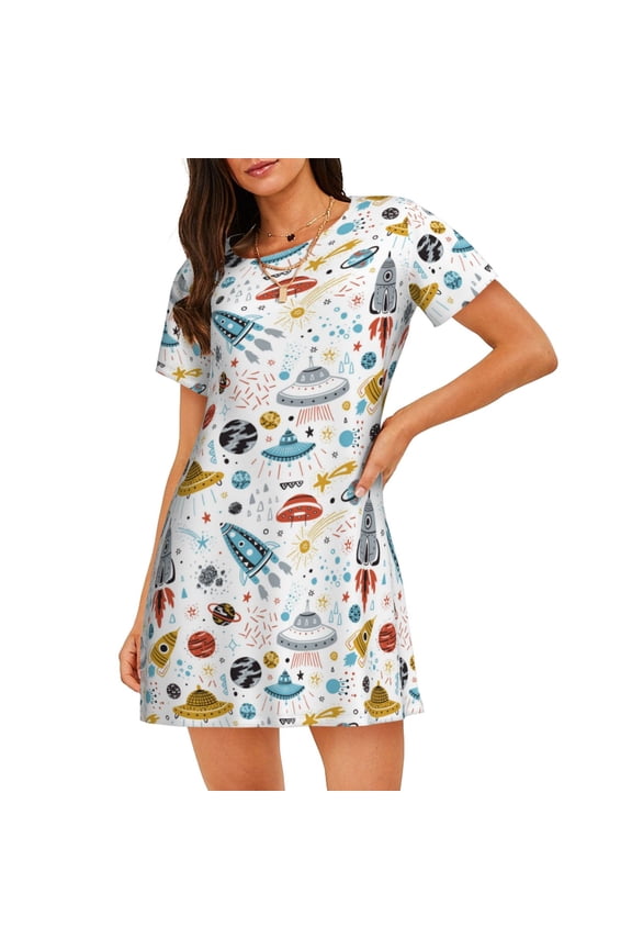 Cartoon Space Print Women’s Nightdress – Cozy Cotton Short-sleeved Sleep Shirt, Loose-Fit Sleepwear, Perfect for Relaxing and Sleeping