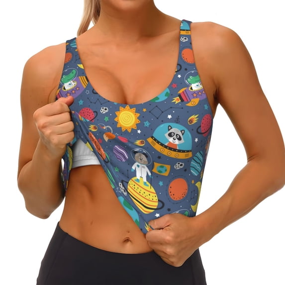 Rateoe Cartoon Space Print Womens' Sports Bras Scoop Neck Sports Vest- Padded U Back Seamless High Impact Support