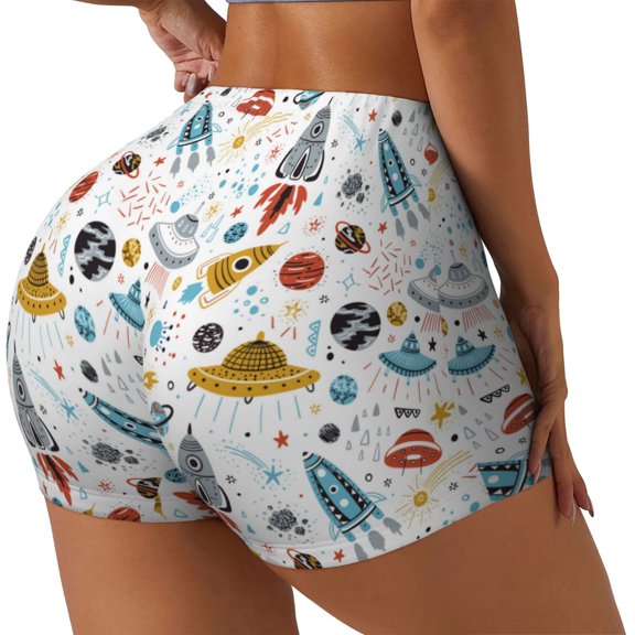 Rateoe Cartoon Space Printed Power Workout Shorts for Women Tummy Control Squat Proof Ribbed Thick Seamless Scrunch Active Short-Medium