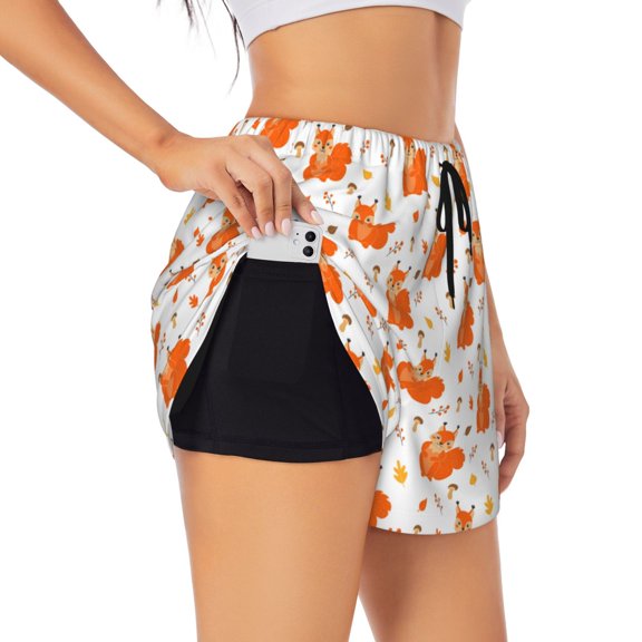 Rateoe Cartoon Squirrel Printed 2 in 1 Women's Workout Shorts for Athletic Gym Running Shorts with Phone Pockets-Large