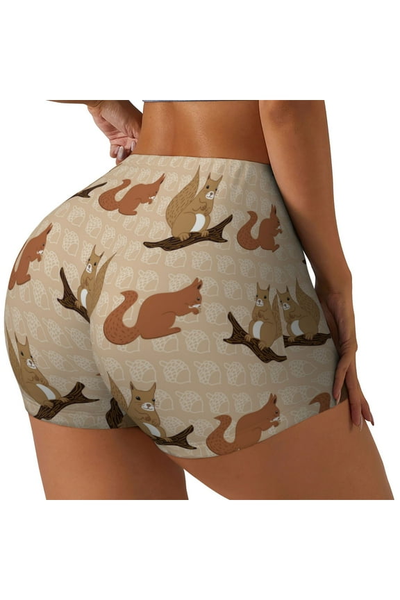Cartoon Squirrel Printed Power Workout Shorts for Women Tummy Control Squat Proof Ribbed Thick Seamless Scrunch Active Short-Small