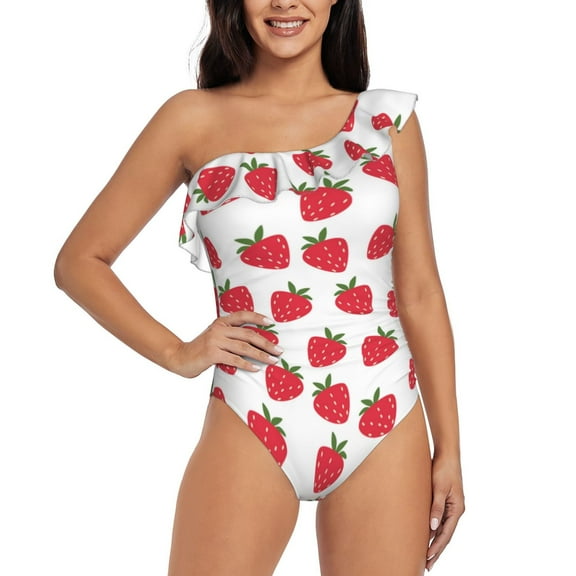 Rateoe Cartoon Strawberry Pattern Women One Piece Swimsuits Tummy Control One Shoulder Bathing Suits Ruffle Swimwear-