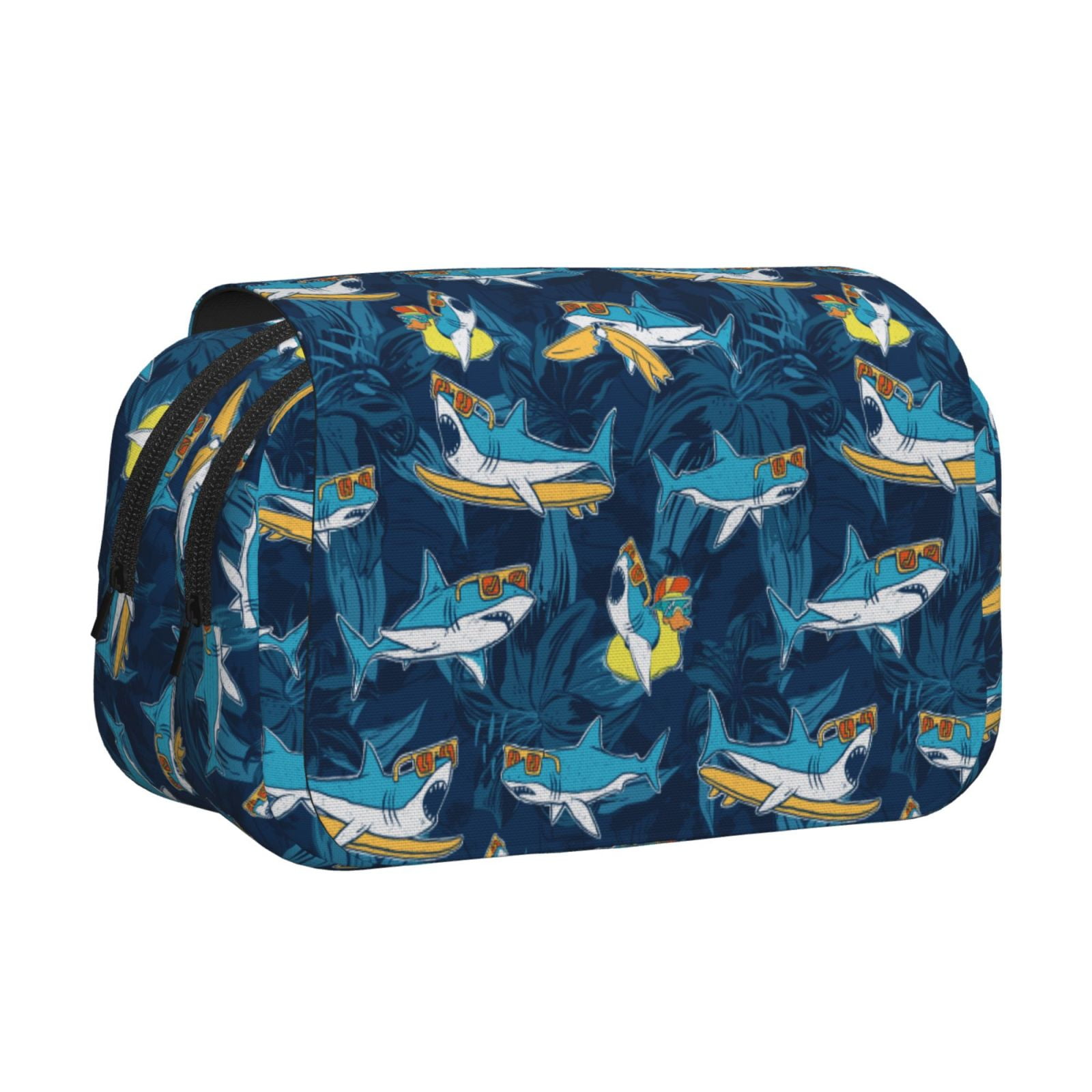 Rateoe Cartoon Surfer Sharks Pattern Double Clamshell Pen Case, Storage Organizer with Two Zipper Compartments– Holds Up to 50 Pencils & Pens