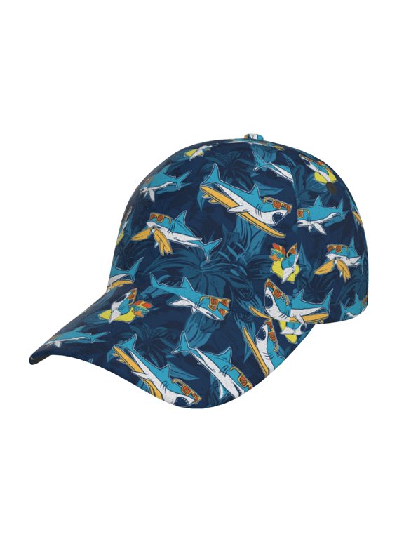 Cartoon Surfer Sharks Pattern Mens Baseball Cap Adjustable Curved Brim Hat, Soft Cotton Sports Cap for Outdoor, Casual, and Everyday Wear, Comfortable & Breathable