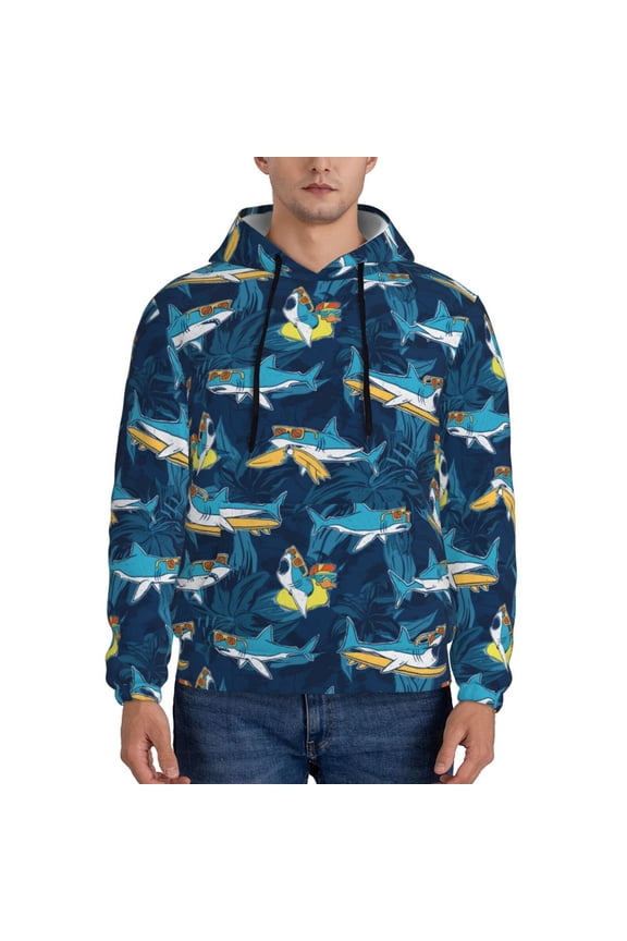 Cartoon Surfer Sharks Pattern Mens Hoodie, Pullover Hooded Sweatshirt, Kangaroo Pocket Hoodie Ideal for Daily Wear, Travel and Home-Small