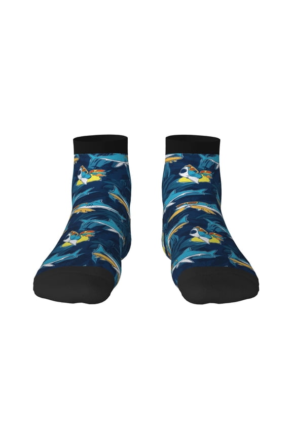 Cartoon Surfer Sharks Pattern Quarter Crew Socks,Toe Seamed Ankle Socks,Cotton Cushioned Breathable Athletic Crew Sports Socks