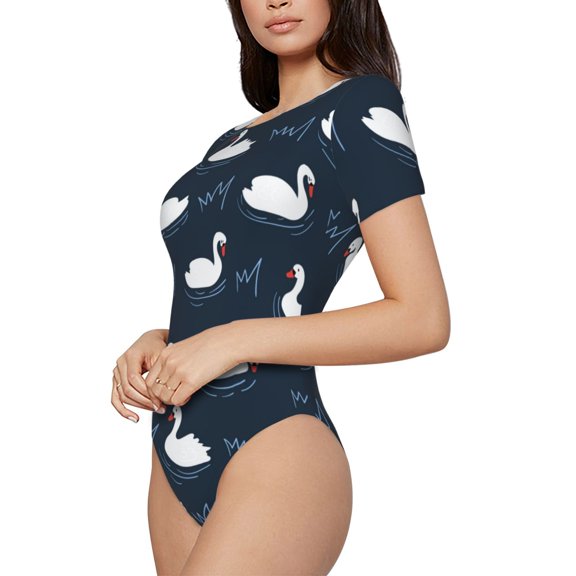 Rateoe Cartoon Swan Printed Women Rash Guard Short Sleeve,Tummy control Swimsuit Surfing Swimsuit Bathing Suit Short-sleeved Onesie UPF 50+