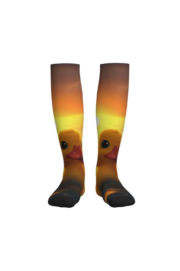 Cartoon Swimming Yellow Duck Compression Socks for Women and Men 20-30mmHg-Circulation Support Socks Knee High Nurse Pregnant Running Medical and Travel Athletic