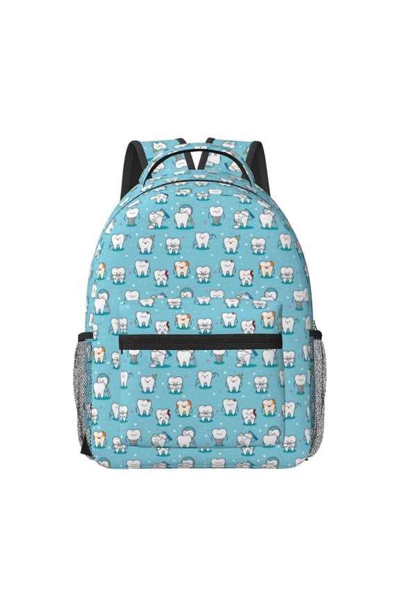 Cartoon Teeth Pattern Durable Student Backpack Laptop Bag- Ergonomic Design, Waterproof Twill Fabric - Ideal for School, Travel, and Outdoor Activities