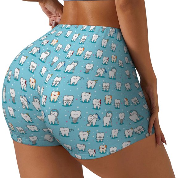 Rateoe Cartoon Teeth Printed Power Workout Shorts for Women Tummy Control Squat Proof Ribbed Thick Seamless Scrunch Active Short-XX-Large