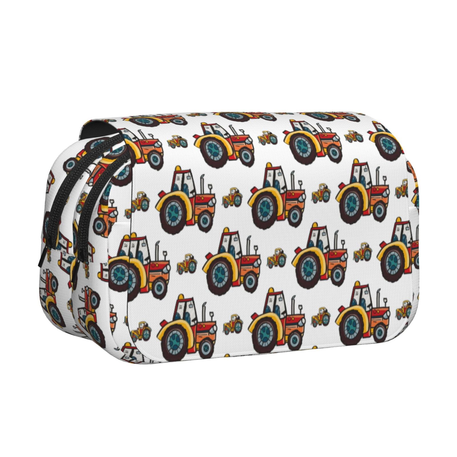 Rateoe Cartoon Tractor Pattern Double Clamshell Pen Case, Storage Organizer with Two Zipper Compartments– Holds Up to 50 Pencils & Pens