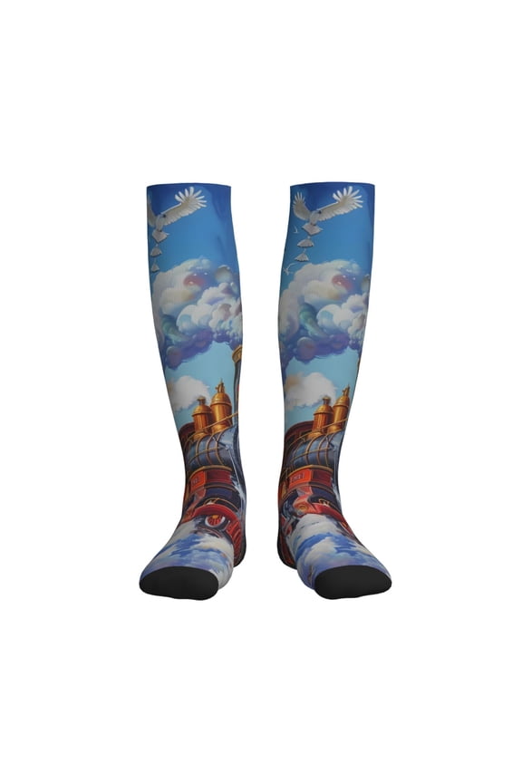 Cartoon Train Hot Air Balloon Compression Socks for Women and Men 20-30mmHg-Circulation Support Socks Knee High Nurse Pregnant Running Medical and Travel Athletic