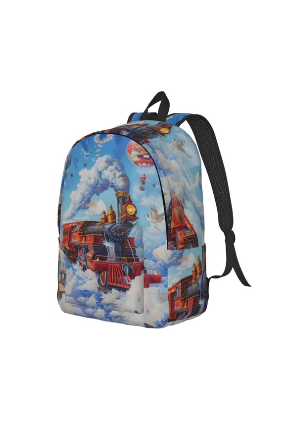 Cartoon Train Hot Air Balloon Pattern Durable Canvas Backpack for Men & Women – Stylish & Lightweight – Adjustable Straps, Multiple Pockets – Fits 15-17 Inch LaptopsSmall