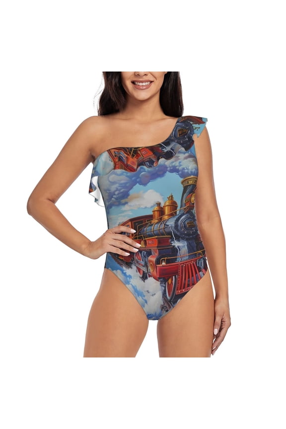 Cartoon Train Hot Air Balloon Pattern Women One Piece Swimsuits Tummy Control One Shoulder Bathing Suits Ruffle Swimwear-XX-Large