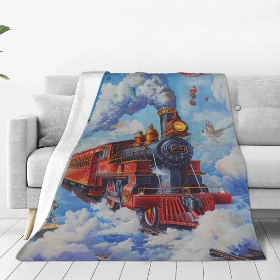 Rateoe Cartoon Train Hot Air Balloon Print Fuzzy Fleece Throw Blanket Extra Large,Super Soft,Fluffy and Warm Blankets for Couch,Bed,All Season Use (40"x30")