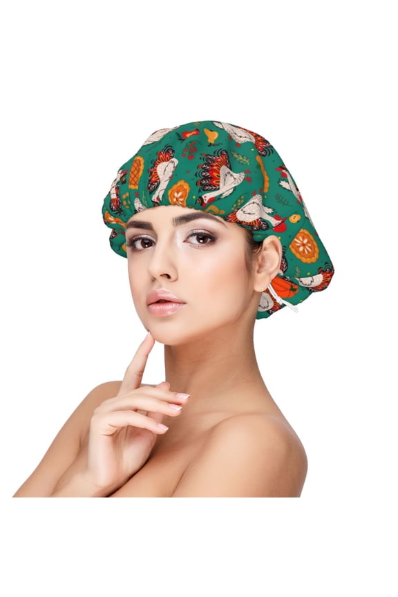 Cartoon Turkey Pattern Silk Satin Hair Bonnet for Sleeping, Adjustable Sleep Cap Turban for Women , Curly Straight Hair Long Large Braid