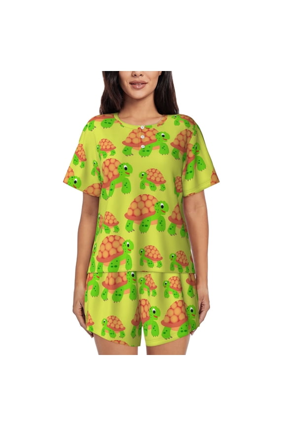 Cartoon Turtles 1 for 2 Piece Short Sleeves Pajama Sets Casual Lounge Sleepwear Ladies Pjs Sets with Pocket-Medium