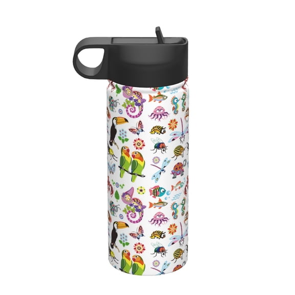 Rateoe Cartoon Wild Animals Printed 18oz Sports Insulated Water Bottle, Double-Walled Stainless Steel Kettle with Leak-Proof Straw Lid, Portable & BPA-Free for Outdoor, Gym, Camping, and Travel