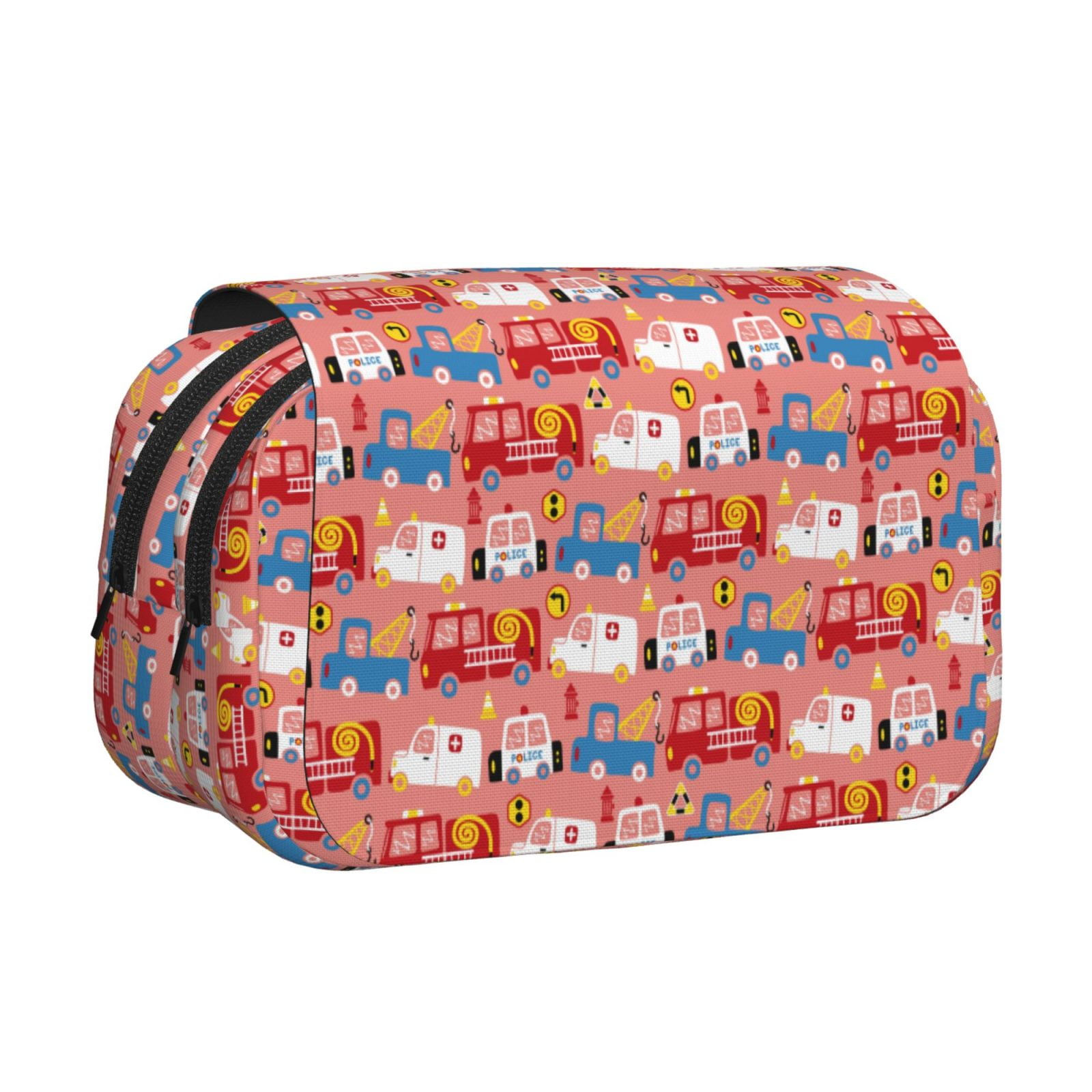 Rateoe Cartoon with Traffic Elements Pattern Double Clamshell Pen Case, Storage Organizer with Two Zipper Compartments– Holds Up to 50 Pencils & Pens