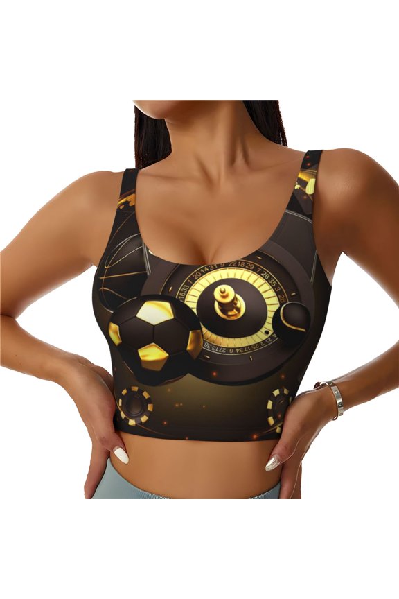 Casino Card Soccer Print Womens' Sports Bras Scoop Neck Sports Vest- Padded U Back Seamless High Impact Support-Medium