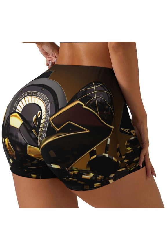 Casino Cards Printed Power Workout Shorts for Women Tummy Control Squat Proof Ribbed Thick Seamless Scrunch Active Short-Medium