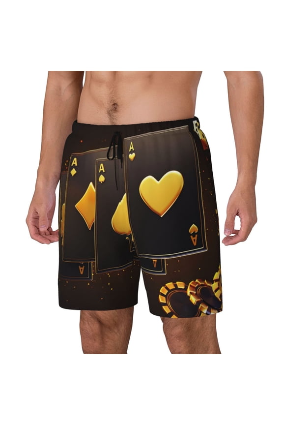 Casino Playing Cards Pattern Men’s Swim Shorts with Compression Liner – Double-Layered Quick-Dry Swimwear, Comfortable & Stretchy Beach Shorts-Medium