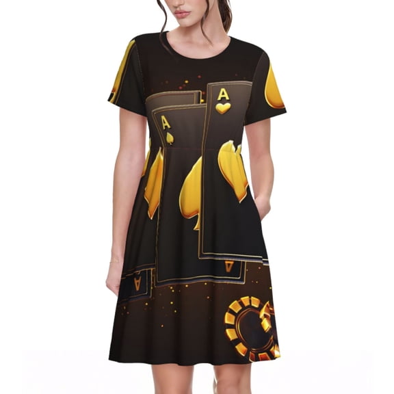Rateoe Casino Playing Cards Pattern Women’s Short Sleeve Dress – Casual Elegant Summer A-Line Dress for Everyday Wear