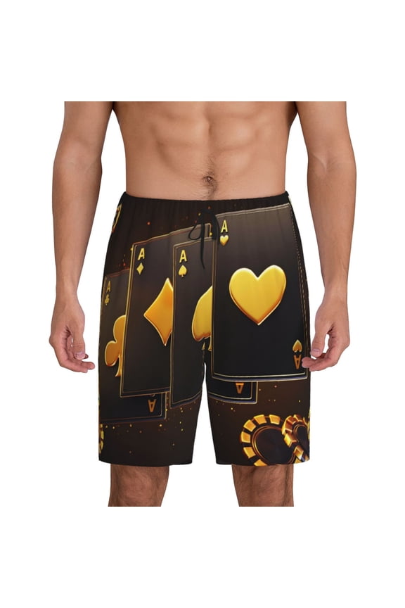 Casino Playing Cards Print Men's Lounge Shorts  Soft & Breathable Pajama Bottoms with Pockets, Elastic Waistband, Lightweight Sleepwear for Nightwear & Loungewear-