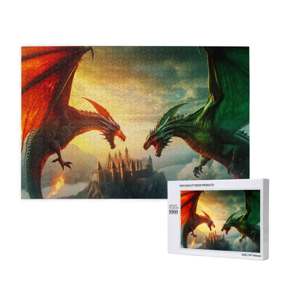 Rateoe Castle Red Green Sky Dragon Pattern Wooden Picture Puzzle ,1000 Piece Jigsaw Puzzle ,Family Fun Puzzle, Home Dcor Puzzle, Gift Puzzle(Horizontal style)