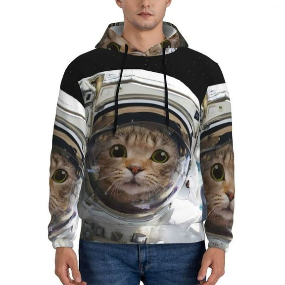 Rateoe Cat Astronaut Pattern Mens Hoodie, Pullover Hooded Sweatshirt, Kangaroo Pocket Hoodie Ideal for Daily Wear, Travel and Home-XX-Large