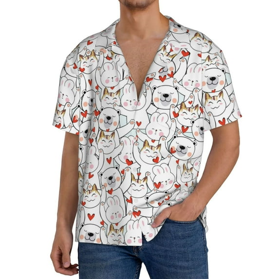Rateoe Cat Bear Rabbit Pattern Men's Short Sleeve Classic Shirt, Casual Short-Sleeved Shirt, Lightweight Summer Shirt, Cuban Collar Shirt,Button-Front Shirt-3X-Large