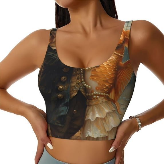 Rateoe Cat Fish Dance Vintage Print Womens' Sports Bras Scoop Neck Sports Vest- Padded U Back Seamless High Impact Support-X-Large