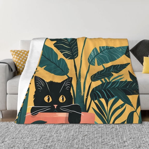 Rateoe Cat Hiding In Potted Plants Pattern Flannel Throw Blanket, Ultra-soft Blanket for Bed, Couch, Car, Hypoallergenic Anti-pilling blanket-50"x40"(Horizontal)