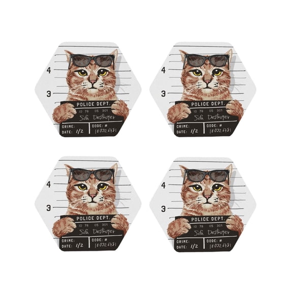 Rateoe Cat Holding Mugshot Sign Drawing Drink Coasters Set of 4 Leather Coasters Spill Protection for Table Desk,Durable and Non Slip Leather Coaster ,4 Inches Drink Mats-Hexagon