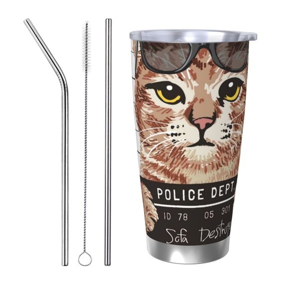 Rateoe Cat Holding Mugshot Sign Printed Car Guy Gifts for Men Women Tumbler - 20oz/590ml Double Wall Vacuum Insulated Stainless Steel Travel Tumbler Cups with Lid & Straw-Straw Three-piece Set