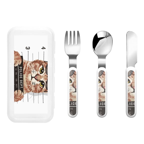 Rateoe Cat Holding Mugshot Sign for Stainless Steel Kids Silverware Set - Child and Toddler Safe Flatware - Children's Knife, Fork And Spoon Set