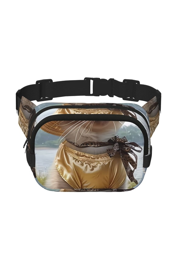 Cat In Sun Hat Print Fanny Pack Belt Bag for Women and Men, Square Double-Layer Waterproof Waist Pack with Adjustable Strap for Hiking, Jogging, Cycling