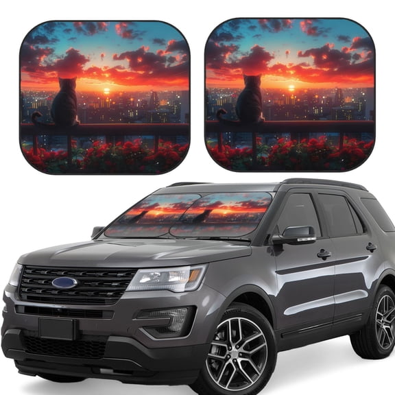 Rateoe Cat Watching City Sunset Pattern 2 Piece Car Windshield Sun Shade Foldable | Front Windshield Shade for Sun, Heat and UV Rays | Sunshade for Car Front Window-Large