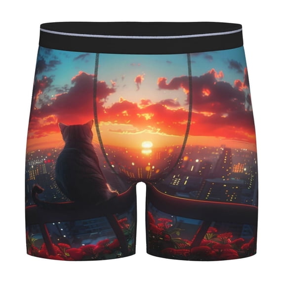 Rateoe Cat Watching City Sunset Print Men’s Underwear Boxer Briefs Soft Comfortable Underwear Boxer Briefs, Long Leg Briefs,Anti-chafing Boxer Briefs